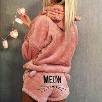 2023 New Winter Womens Flannel Pajamas Set Cute Bear Hooded Pajamas Warm Coral Fleece Sleepwear Hoodie+Short Tow 2pcs Suit