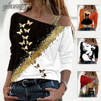 y Skew Neck Off Shoulder Butterfly Graphic Print T Shirt Women 2021 Trendy Clothes Casual Ladies Tops Long Sleeves Tee Shirts