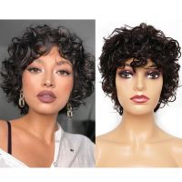 Short Human Hair Wig with Bang Pixie Cut 4-5 inch Machine Made Wigs Ocean Wave Romance Curl Indian Remy Hair Natural Color Mogul