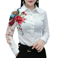 Dingaozlz Fashion Women White Shirt Female long-sleeved embroidered Tops Turn down collar OL blouse Blusa