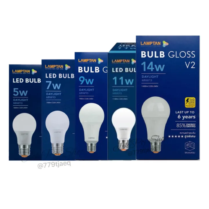 หลอดไฟ หลอดประหยัดไฟ LED Bulb Gloss 5W 7W 9W 11W 14W ยี่ห้อ Lamptan มีแสงขาว และ แสงวอร์มไวท์