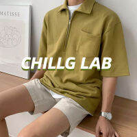 CHILLG LAB INS mens Korean version polo shirt mens summer trend vintage lapel ins loose T-shirt เสื้อเชิ้ตแขนสั้นผู้ชาย