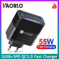 VAORLO 3USB ที่ชาร์จแบตเตอรี่โทรศัพท์ QC3.0ของแท้ + 3PD 55W ชาร์จได้6พอร์ตเร็วอะแดปเตอร์ Android โทรศัพท์มือถือชาร์จ IOS ชาร์จเร็ว