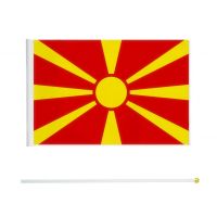 ZXZ 100pcs Macedonia hand Flag 14*21cm Polyester Double Side Printing MK Macedonia Hand waving Flag with plastic flagpole