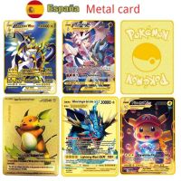Spanish pokemon cards gold metal pokemon cards Spanish hard iron cards mewtwo pikachu gx charizard vmax package game collection