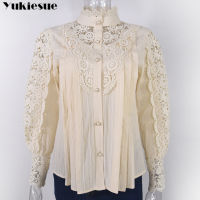 White Top Petal Sleeve Stand Collar Hollow Out Flower Lace Patchwork Shirt Femme Blusas shirts Women Lace Blouse Button