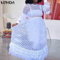 Lace Dress VONDA 2022 Women Vintage Polka Dot Long Sleeve Party Ruffled Long Maxi Dress Beach Vestido Robes Longue Oversized