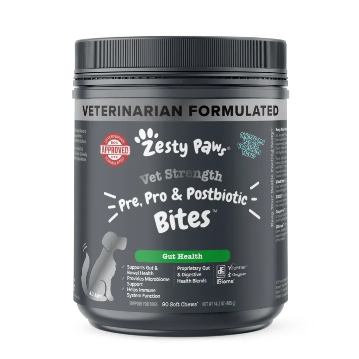 Zesty Paws Vet Strength Pre, Post & Probiotic Bites for Dogs Gut Flora, Digestive Health