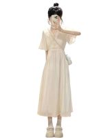 【Ready】? SLOY high-end white dress womens summer gentle style small French V-neck slim waist dress