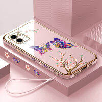 (คลังสินค้าพร้อม) เคสเคสมือถือสำหรับ Vivo Y15S /Y15A/Y15C/Y01/Y01A พร้อมฟรีสายคล้อง + การ์ตูนผีเสื้อขอบสี่เหลี่ยมชุบฝาหลังนิ่ม