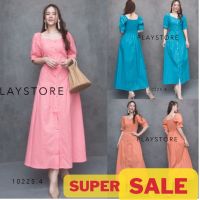 (SUPER SALE)  (นางแบบใส่ชุดขาย) Sweet Girl LooK in DreSS เดรสหวาน เดรสสีพาสเทล เดรสยาวกระดุมผ่าหน้า เดรสคอเหลี่ยม แขนสั้น ด้านหลังสม๊อก ผ้าลินินผสม