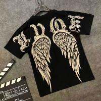 European new summer 2023 short sleeve T-shirt high-grade wings popular logo printing loose shoulder bigger sizes leisure shirt