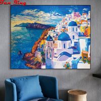 Greek Blue Santorini Landscape Painting Abstract Wall Art Gift