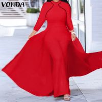 VONDA ผู้หญิงแขนยาวขากว้าง Jumpsuits Elegant Party กางเกง Palazzo กางเกงยาว Playsuits (เพิ่มขนาด)