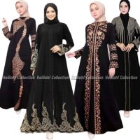 HITAM Abaya ชุดเดรสปักลายตุรกีปักอาหรับ Gamis Arab สีดำลูกไม้ดูไบสีพื้น