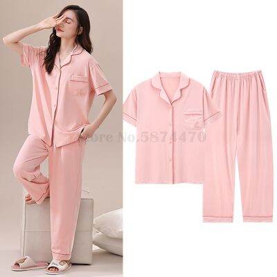 【jw】✵  Cotton Womens Lapel Long-Sleeved Cardigan Trousers Two-Piece Sleepwear Fashion Loose 3XL