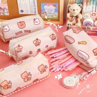 Student Cartoon Bear Canvas Pencil Case Large Capacity Desktop Stationery Organizing Storage Bag Receive Tools Cosmetic Pouch