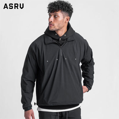 ASRV เสื้อกันหนาวแขนยาวสำหรับผู้ชาย,เสื้อยืดทรงหลวมคอสูงสีพื้นมีซิปเสื้อสเวตเตอร์คอปกเสื้อผ้าออกกำลังกายกีฬาใช้งานได้