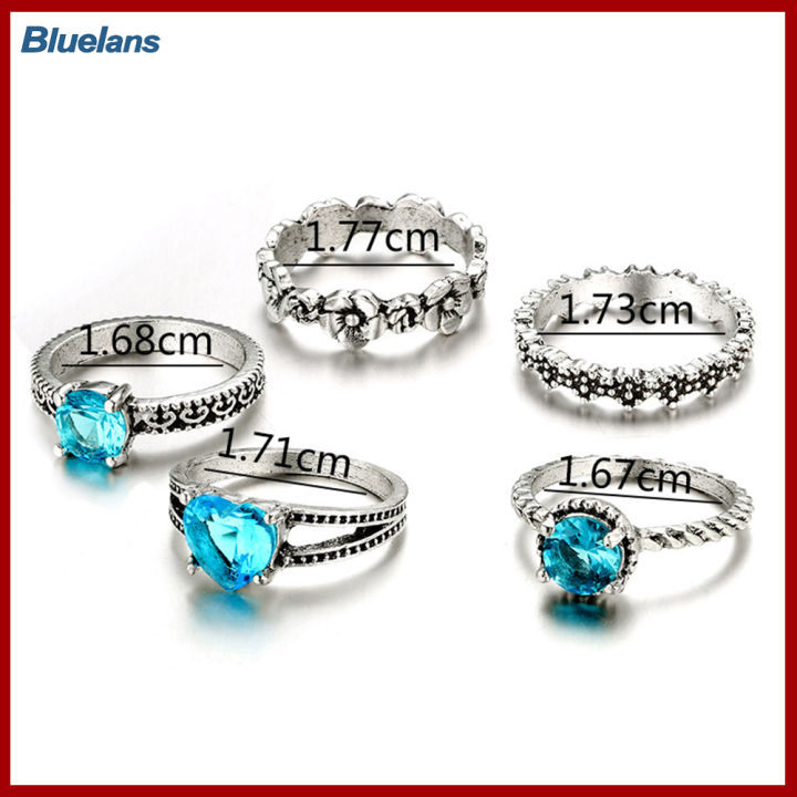 Bluelans®5ชิ้น/เซ็ตย้อนยุค Boho หัวใจดอกไม้กลวงฟ้า Rhinestone แหวนผู้หญิง