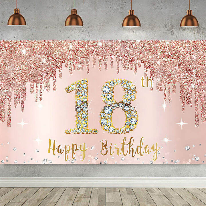 Happy 18th Birthday Backdrop for Girls Pink Rose Gold Glitter Photo 18 ...