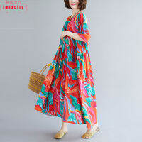 IMIXCITY Women Dress กระโปรงพิมพ์ลายชาติพันธุ์ Plus Size Over-The-Knee Loose Dress