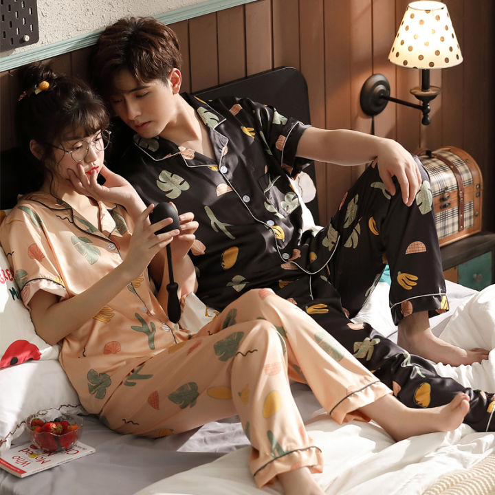 Luxury Satin Silk Pajamas Set Couple Sleepwear Family Pijama Lover