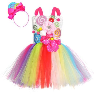 Children Girl Dress Summer Rainbow Tutu Kids Lollipop Sundress Birthday Party Clothes Girls Princess Cosplay Costume 1-12 Years