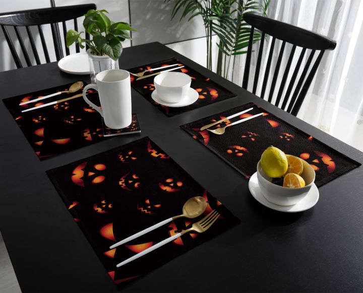 ชุดอุปกรณ์บนโต๊ะอาหารทนที่รองทานอาหารฟักทองฮาโลวีนผ้าลินินของตกแต่งโต๊ะความร้อน4-6ชิ้น