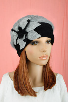 M610 Cute Flower Winter Warm Gray Rabbit Fur &amp; Wool Black Brim Fashion Womens Dress Hat Beanie Cap Pick Color