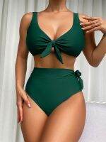 Sexy Solid V-neck High Waist Bikini Sets Reversible Knot Bottom Swimsuit Two Pieces Swimwear Women 2023 Beach Bathing Suits