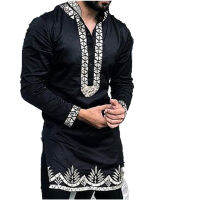 M-4XL แอฟริกันผู้ชายสีดำเสื้อยืนคอปกแขนยาว Dashiki พิมพ์แฟชั่นเย็บปะติดปะต่อกันท็อปส์กลางความยาวมุสลิมเสื้อผ้า2022