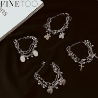 FINE TOO Ins Style สร้อยข้อมือหวานๆแบบหลายชั้นสร้อยข้อมือเงินรูปหัวใจรูปหมีส่วนตัวสำหรับผู้หญิงเครื่องประดับ