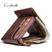 CONTACTS Genuine Crazy Horse Leather Men Wallets Vintage Trifold Wallet Zip Coin Pocket Purse Cowhide Leather Wallet For Mens
