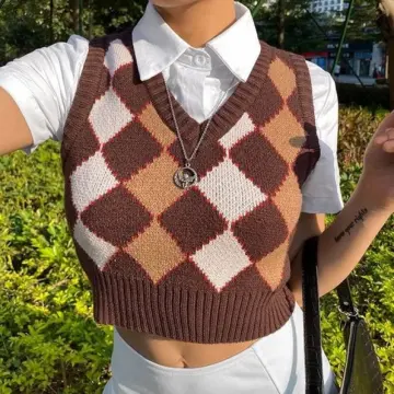 Sweater Vest Cropped Womens Small Purple Green Preppy Collegiate Argyle