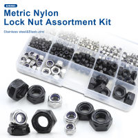 NINDEJIN Nylon Lock Nut Set Black Zinc Plated Carbon Steel M2-M12 Hexagon Locknut Self Locking Nut Assortment Kit DIN985