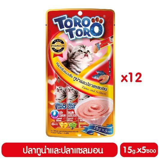 Toro Toro โทโร โทโร่ ขนมครีมแมวเลียปลาทูน่าและปลาแซลมอนผสมวิตามินรวม แพ็ค 12 (15 g. x 5 ซอง)
