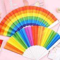 【CW】 New Rainbow Handheld Folding Fan Festival Dance Wedding Party Decoration Fan Art Craft Decor Summer Silk Fabric Promotion Gift