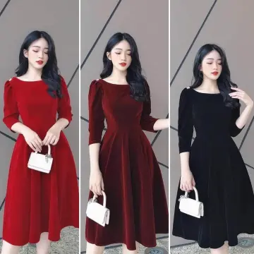Đầm nữ, váy nhung tăm 4 màu thiết kế dáng dài xẻ trước cúc đồng phong cách  công sở nữ tính trẻ trung 7.Beautiful V141 - Tìm Voucher