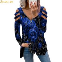 SNAKE YX Graphic Tee Woman Tshirts Rose Printed Long Sleeve Zipper V-neck TopSoft Comfortable Oversized T Shirt Goth
