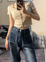 ↂ✚◆ Spring and autumn high-waist retro vibe wide-leg jeans for women slim design American high street ins narrow straight pants