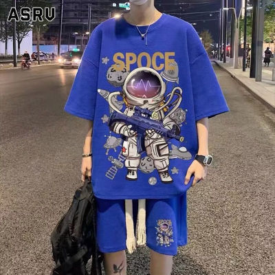 ASRV เสื้อยืดผู้ชาย เสื้อผ้าผู้ชาย t shirt for men ชุดเสื้อยืดผ้าฝ้ายทรงหลวมชุดกางเกงขาสั้นแขนสั้นพิมพ์ลายนักบินอวกาศสำหรับผู้ชาย