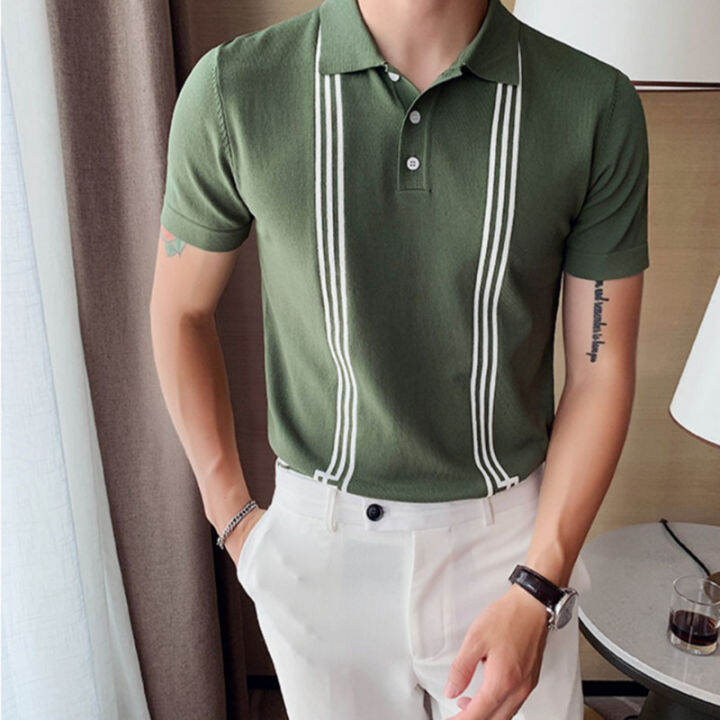 สังคมถักบางโปโลสไตล์อังกฤษลายเสื้อโปโลผู้ชายฤดูร้อนแขนสั้นผู้ชายโปโลสลิมฟิตสบายๆโปโล-homme-3xl