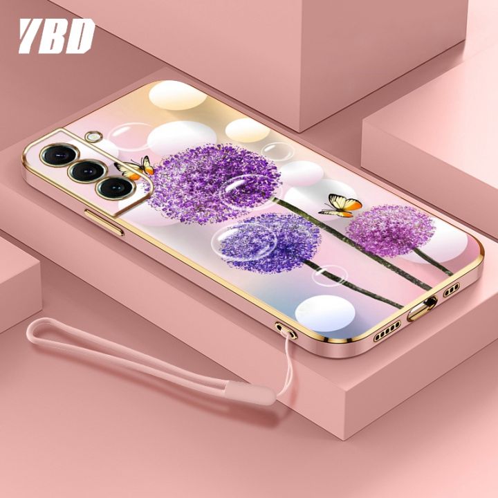 ybd-ใหม่ปลอกสำหรับ-samsung-s21-s22-s23-plus-s21-s22-s23-ultra-s21-fe-พิเศษเคสโทรศัพท์นิ่มชุบโครเมี่ยมสุดหรูเคสฟรีสายคล้องแบบดอกไม้ผีเสื้อสีสันสดใส