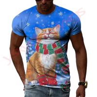 Merry Christmas Puppy Kitten Snowman เสื้อยืด 3D Printing Hip Hop บุคลิกภาพ Neck Neck เสื้อยืดแขนสั้นแฟชั่นสบาย ๆ