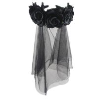 Day of Dead Headband Bride Veil Fancy Dress Costume Halloween Accessories Christmas Tiara Women Party Black Rose Flower Crown