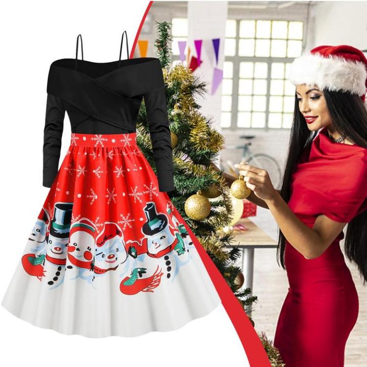 christmas-print-dresses-for-women-long-sleeve-christmas-swing-dress-vintage-long-sleeve-snowman-snowflake-santa-clause-printed-dress-effectual