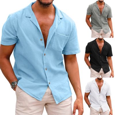 ZZOOI Male Soild Colour Blouse Cotton Linen Button Down Holiday Beach Shirts Loose Tops Short Sleeve Tee Shirt Handsome Men Shirt