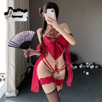 JIU YURed Lingerie Sexy Antiga Peônia Bordado Pendurado Pescoço Bandagem Oco Out Uniforme Set Cosplay Sexs Mulheres Quente Traje