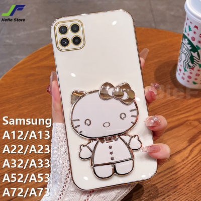 JieFie Hello Kitty เคสโทรศัพท์สำหรับ Samsung Galaxy A12 / A22 / A32 / A52 / A72 / A13 / A23 / A33 / A53 / A73 / A14 / A24 / A34 / A54 ตุ๊กตาน่ารักแต่งหน้ากระจกกรณีโครเมี่ยมสุดหรูชุบ Soft TPU ฝาครอบพร้อมตัวยึด