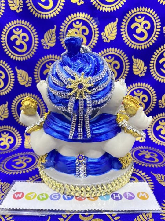 พระพิฆเนศปางรีนาโมจัน-ดูดทรัพย์-โพกเศียรแบบชายชาวอินเดีย-ขนาด5นิ้วองค์เนื้อเรซิ่นตกแต่งองค์สวยงาม-อาภรณ์สีน้ำเงิน